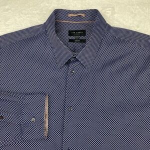 Ted Baker Dress Shirt Mens 17.5 Navy Blue w/White Dots Slim Fit